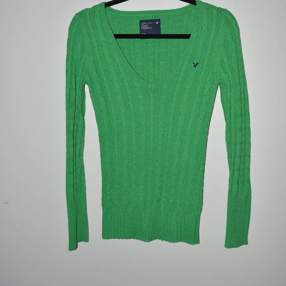 AMERICAN EAGLE Y2K Knitted Sweater V-Neck Soft Light Weight Med Cable Knit Green